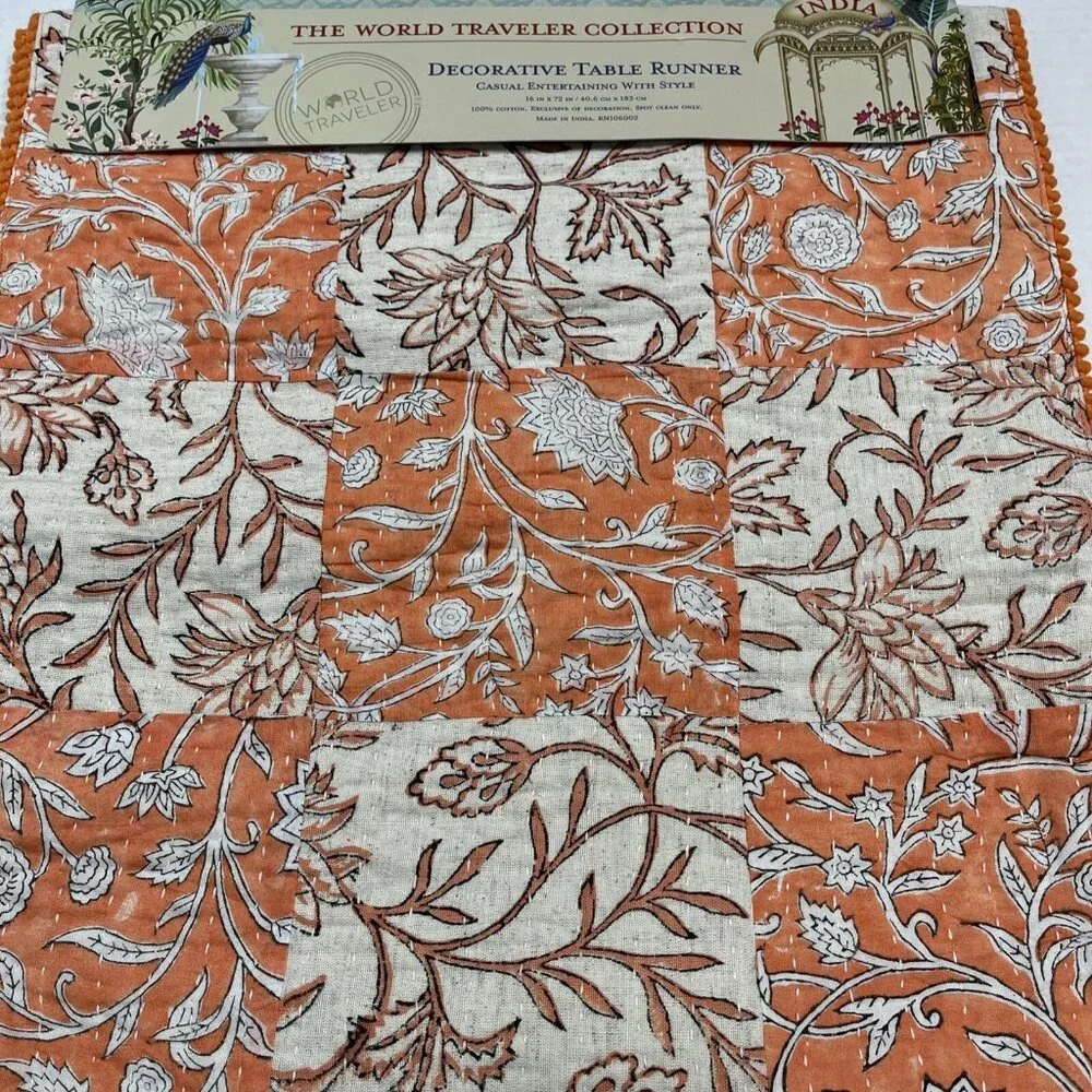 World Traveler Table Runner Muted Orange‎ Cream Floral Patchwork 16x72 Boho